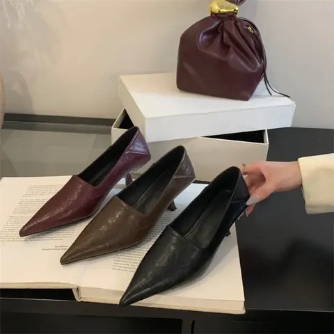 Pointed Toe Women Pumps 2026 New Arrival Shallow Slip On Dress Shoes Women High Heel Office Ladies Shoes Maroon Coffee Shoe
