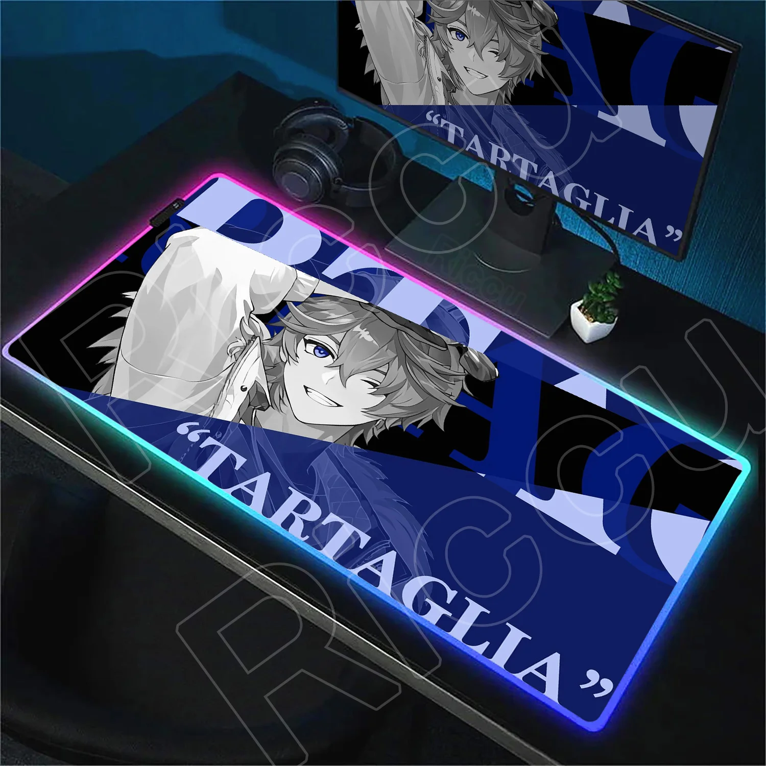 لوحة ماوس كبيرة ملونة بإضاءة LED Genshin Impact RGB لوحة ماوس ألعاب جديدة من Lyney Deskmat ملحقات ألعاب سجادة PC مع إضاءة خلفية