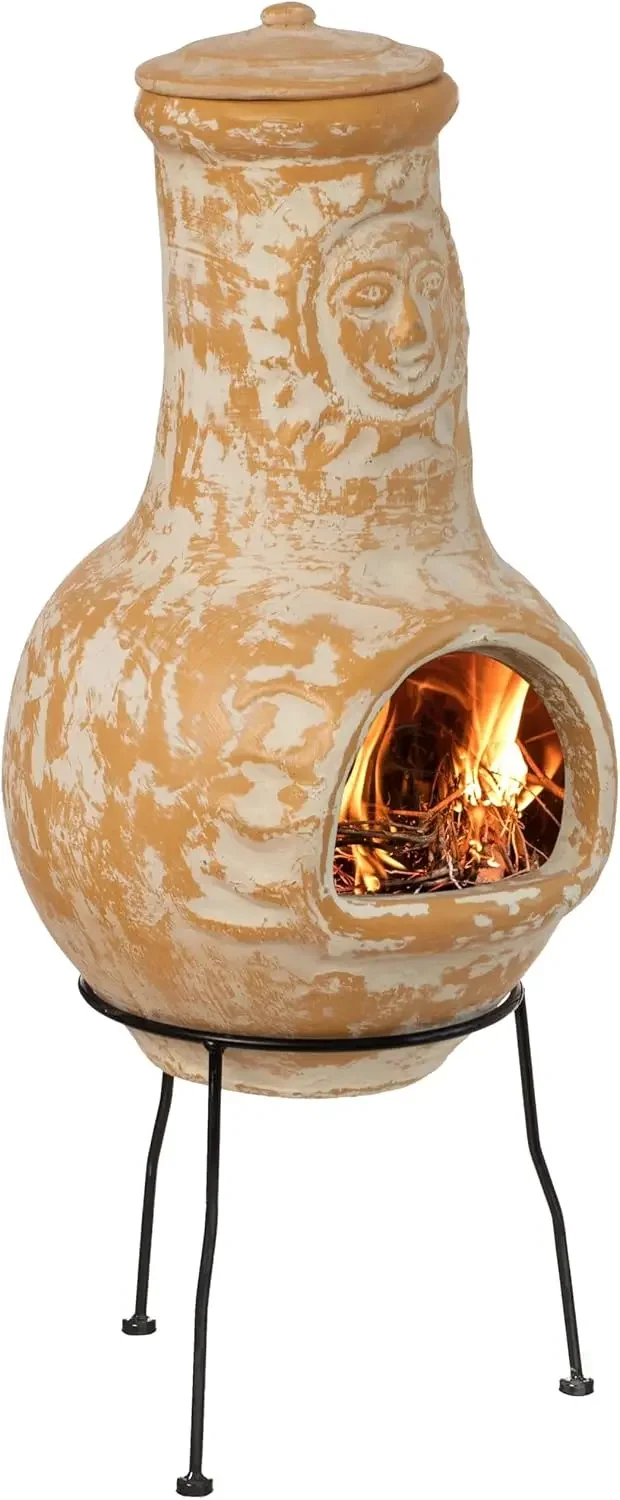 

Outdoor Clay Chiminea Fireplace with Sun Design - Perfect Wood Burning Fire Pit for Barbecues, Cocktail Parties, and Cozy Nights