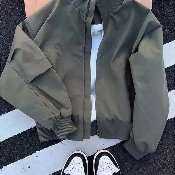 Long Sleeve Baseball Jacket Loose Fit Windproof Men's Style Autumn Cool Stand Collar Short American High Street Coat