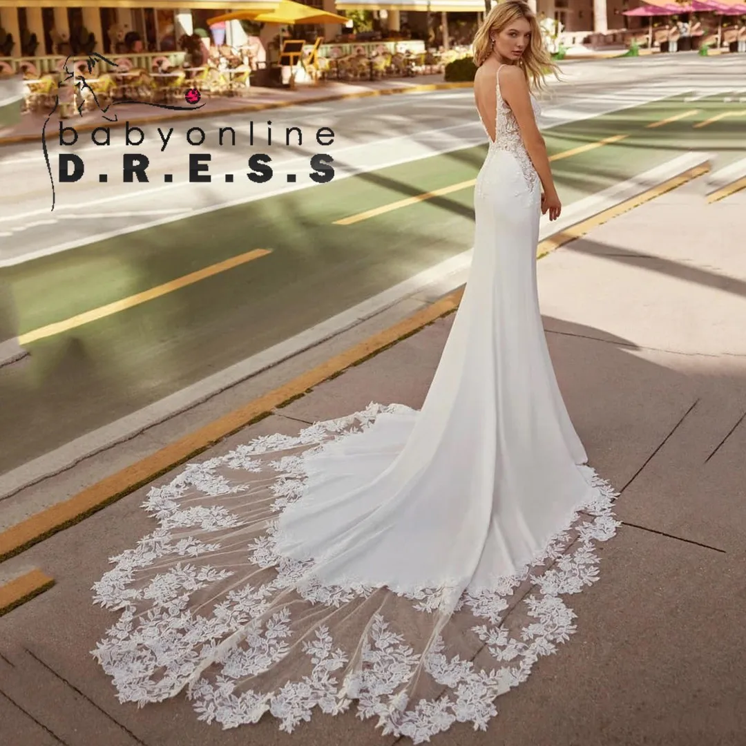 

BABYONLINE Customzied Wedding Dress Satin Crepe Spaghetti Straps Mermaid Bridal Gown Low Cowl Back and a Long Sweeping Train