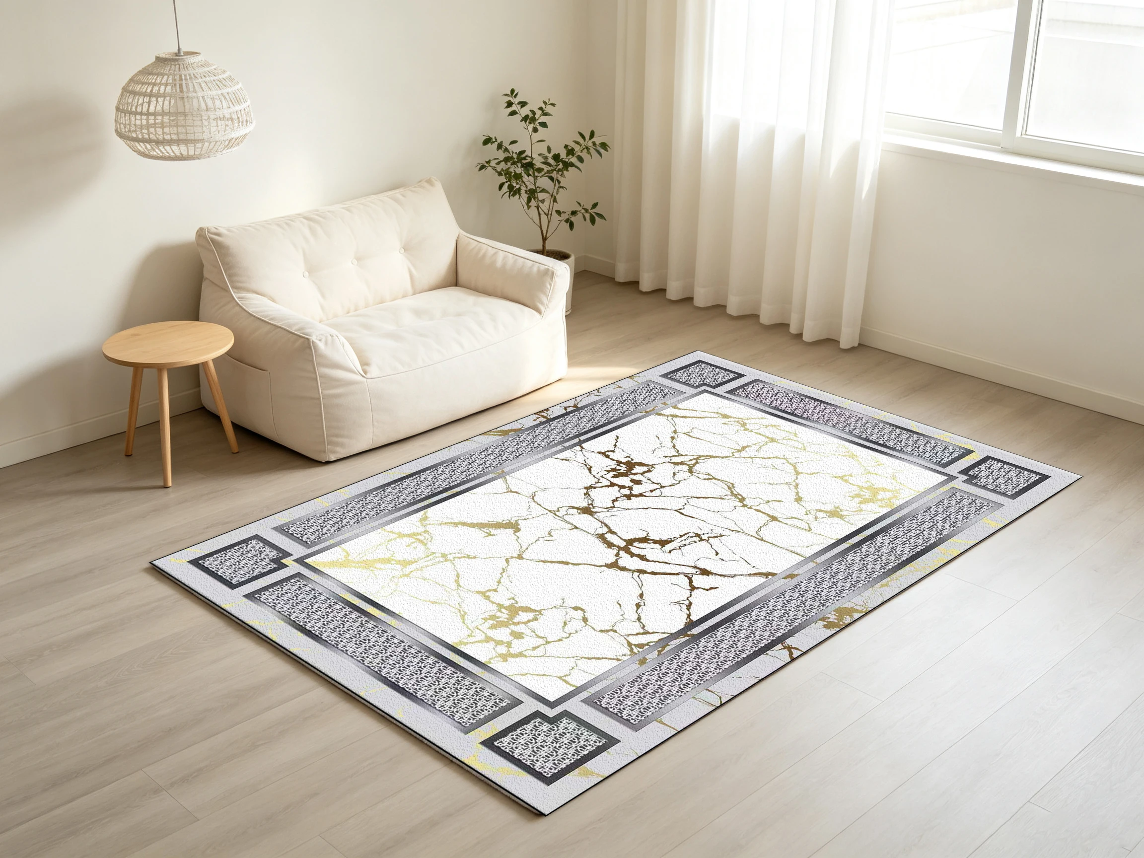 Modern Marble Square Carpet Flooring White Gold Vein Texture Metal Frame Rug for Indoor Home Decor