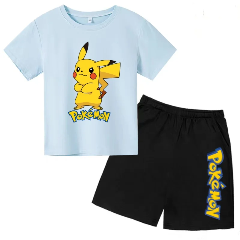 

kids Pokemon Toddler T-shirt Two-piece 3-12Yrs Summer Anime Pikachu Boys Girls Short-sleeved+Shorts Casual Coat Travel Party Set