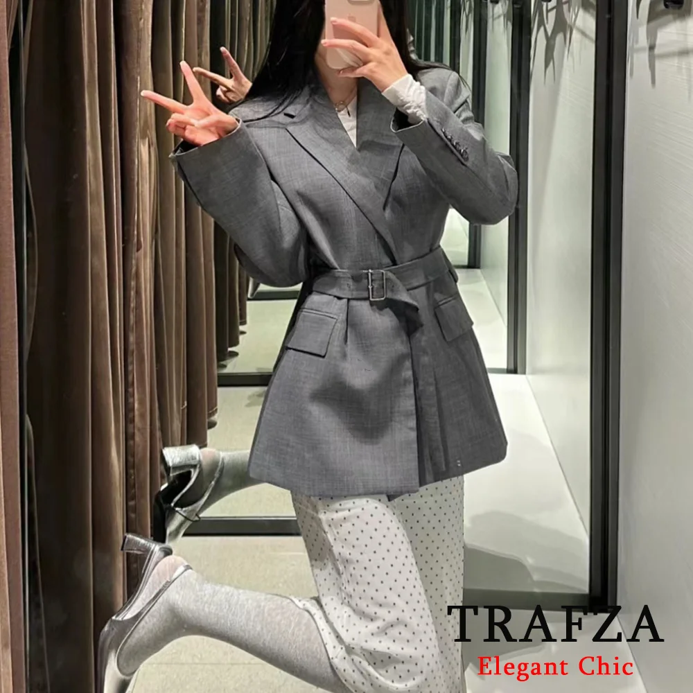 TRAFZA-Elegante Blazer Cinza de Escritório Feminino, Bolso de Lapela, Monocromático, Commuter, Dinheiro Velho, Nova Moda, Cinto, Primavera, Outono, 2022