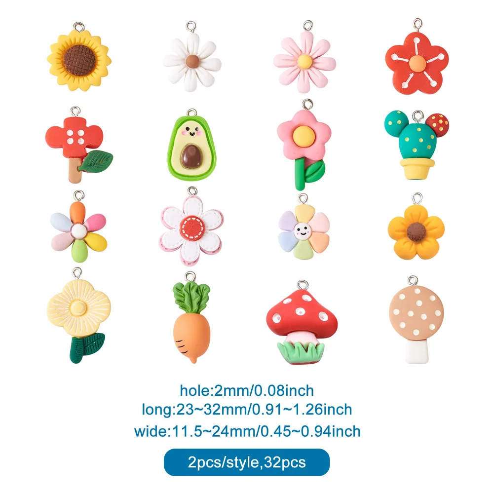 32Pcs 16 Styles Resin Pendants with Platinum Iron Finding Flower Cactus Sunflower Mushroom Carrot