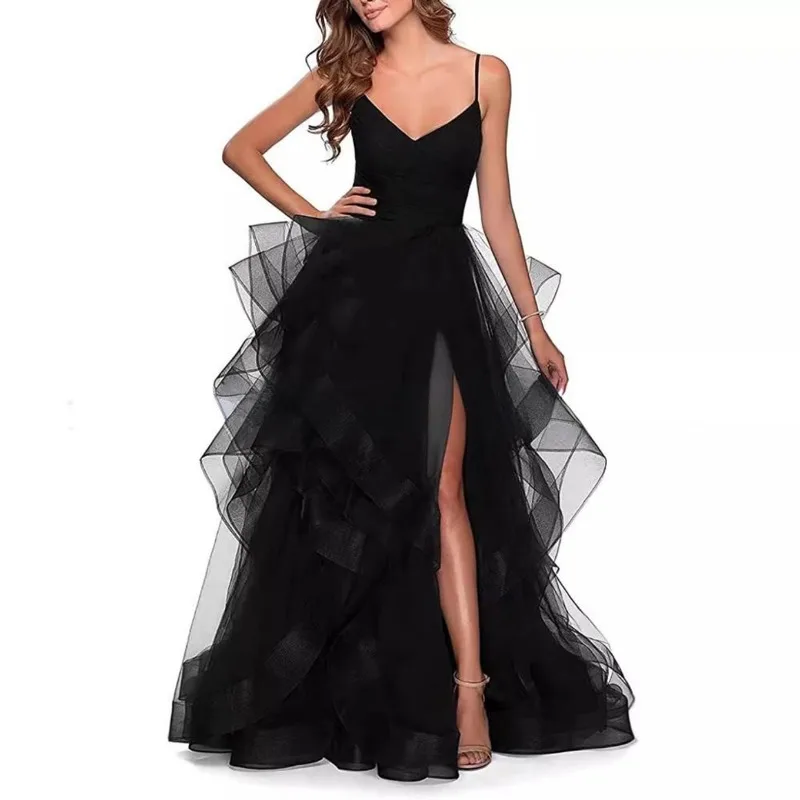New Spaghetti Strap Evening Dress, French Mesh Long Dress, Birthday Banquet Party, Ball, Princess Dress, Side Slit Long Dress