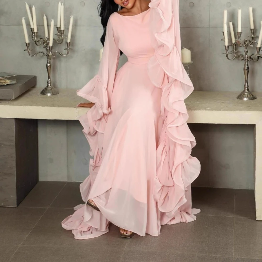 VGH Abiti lunghi sexy di lusso a sbuffo per le donne O collo manica lunga Patchowrk volant vita alta abito da sera trasparente primavera femminile