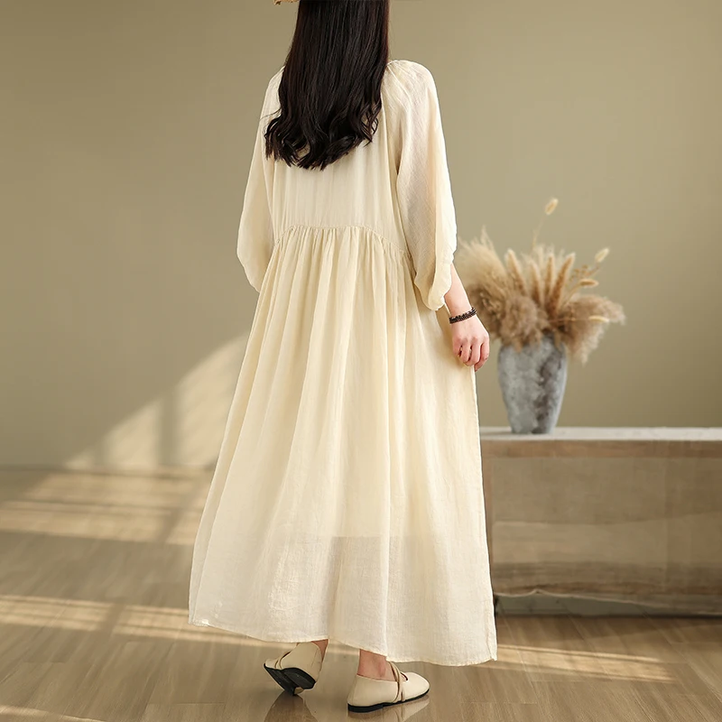 Primavera verão novo estilo chinês solto emaecimento aodão linho vestido f casual estilo preguiçoso cintura alta s...