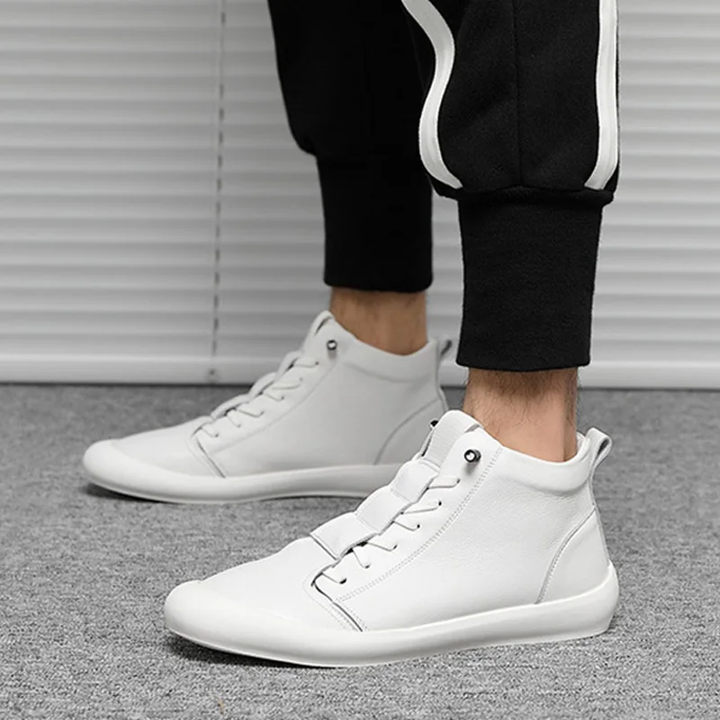 100% Genuine Leather Shoes Men High top Sneakers Ins Fashion Men White Shoes Cool Street Young Man Footwear Male Sneakers A2032