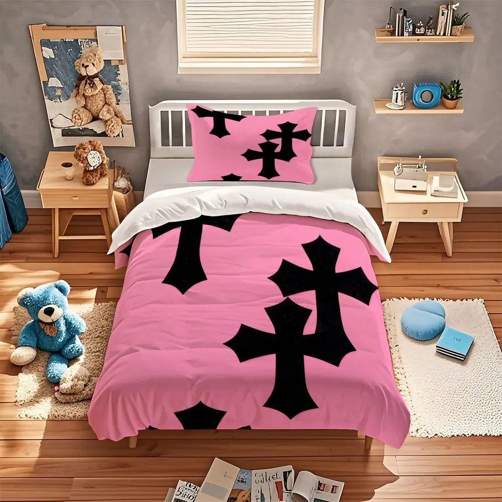 Gothic Black Cross Print Duvet Cover Set Pink Aesthetic Bedding Set Soft Microfiber Digital Printed Bed Linens Home Decor