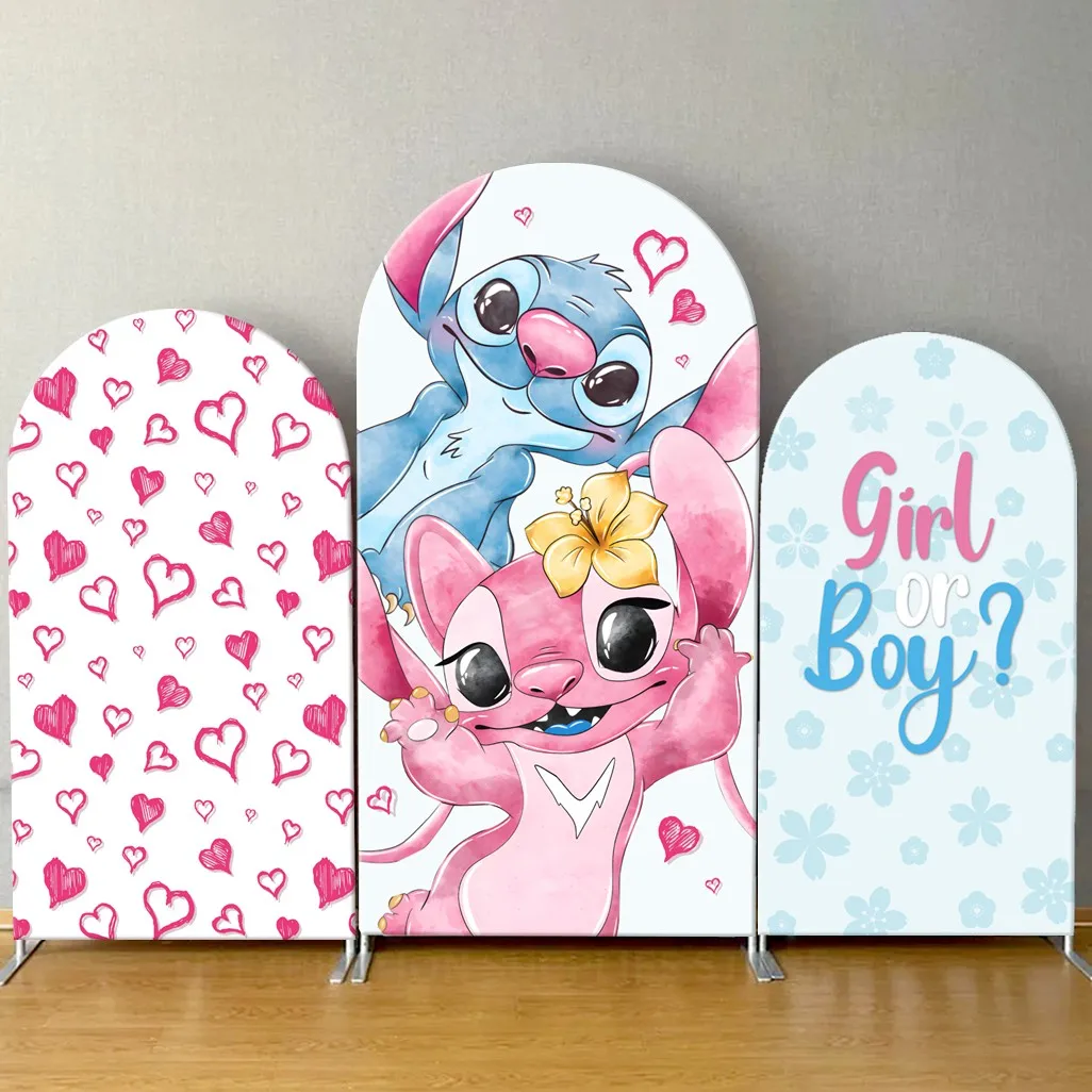 

Stitch and Angel Arch Backdrop Cover Disney Theme for Baby Shower Birthday Custom Party Decoration Elastic Fabric