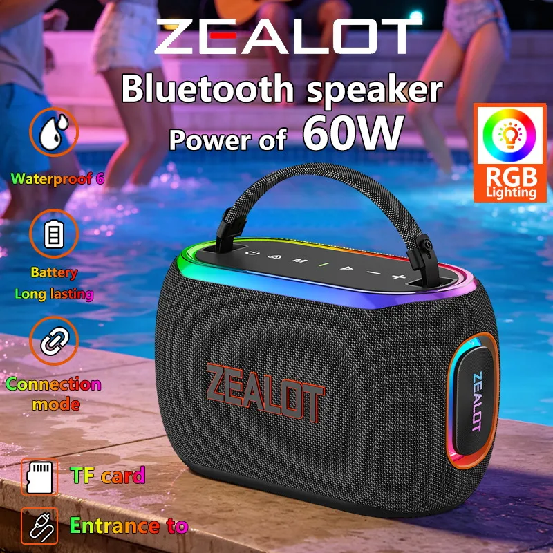 ZEALOT-S182: altoparlante portatile wireless con tecnologia Bluetooth, potenza di 60 W, batteria da 8000 mAh, illuminazione RGB, altoparlante impermea
