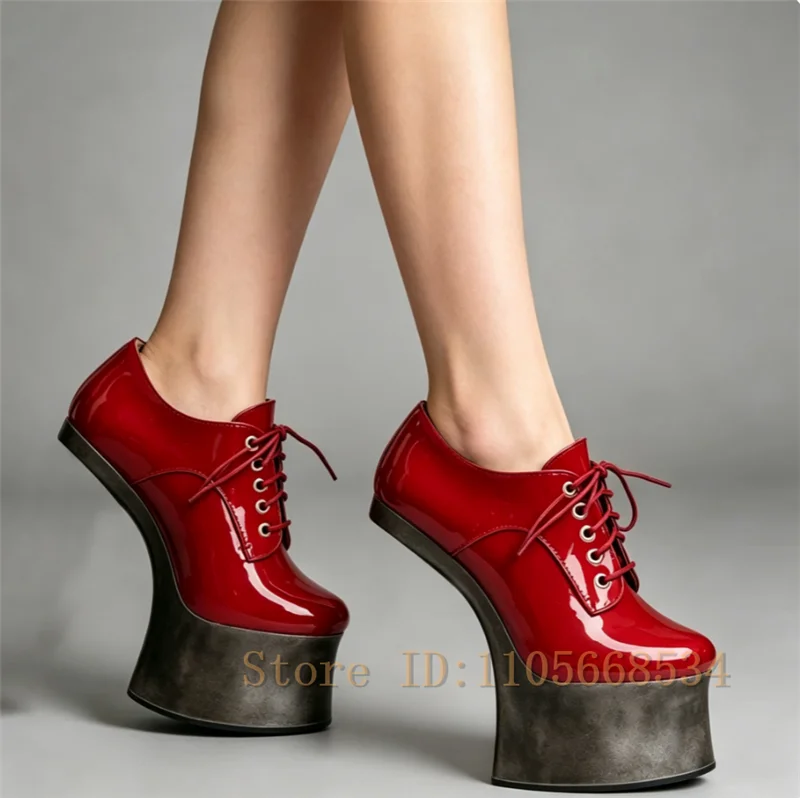 Gothic Fetish Extreme 18CM No Heel Pumps Women Shiny Patent Leather Lace Up Thick Sole Platform Punk Cosplay Party Dress Shoes