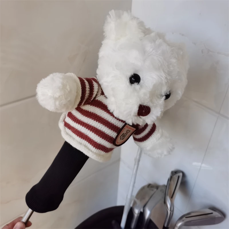 White Teddy Bear Golf Wood Head Covers For Driver Fairway Hybrid Club Headcovers Plush Protector