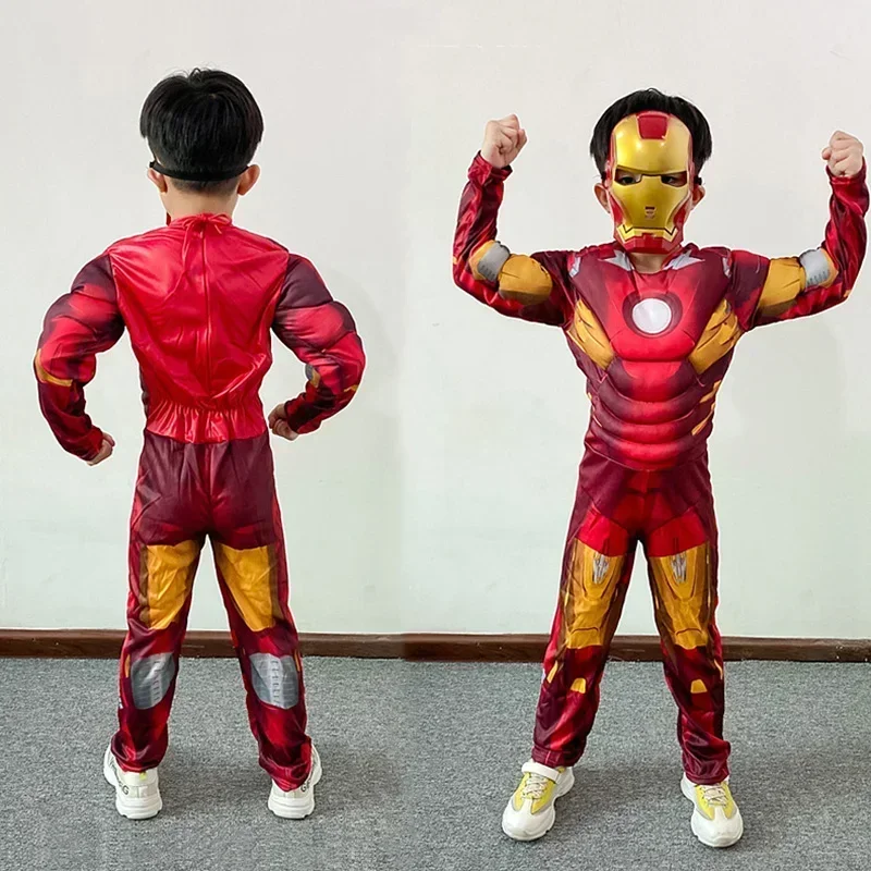 Disfraz muscular de Iron Man para niños, mono de Cosplay de superhéroe, máscara, guantes, trajes, Halloween, cumpleaños, regalos para niños