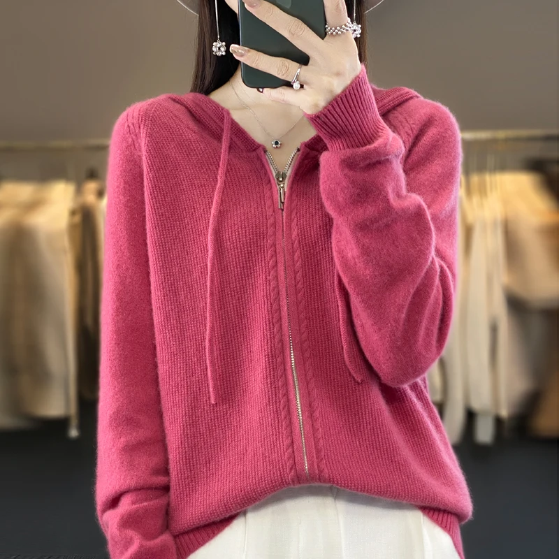 100% pure wool knitted jacket ladies\' high sense 2023 autumn and winter fashion hooded zipper sweater cardigan