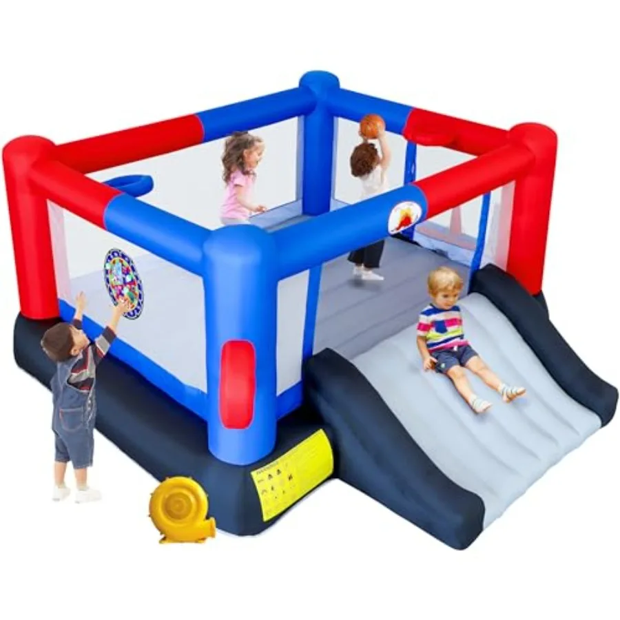 Castillo Inflable con Tobogán de 160 x 138 x 60 Pulgadas, con Soplador de Aire, 7 en 1, para 4 Piscinas de Pelotas y 2 Canastas de Baloncesto