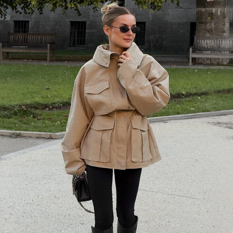 Women Waist Cargo Jacket Multi Pockets Oversized Loose Fit Short Coat 2026 New Autumn Casual Daily Street Ladies Outerwear