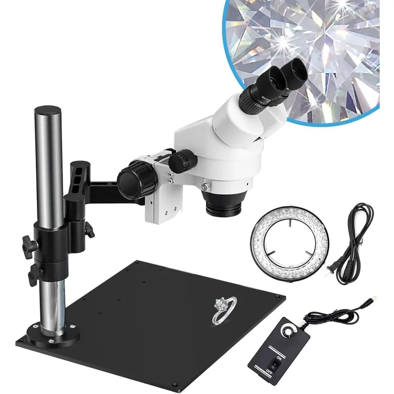 Stereo Microscope 7X-45X Magnification, Jewelry Microscope 0X/0.5X/2.0X Objective Lenses, Micro Inlaid Mirror WF10X Eyepieces