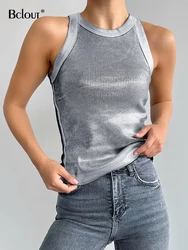 Bclout Summer Knitted Silver Tops Women Y2k Fashion O-Neck Ribbed Tight T-Shirts Tops Vintage Elastic Sleeveless Party Sexy Tops