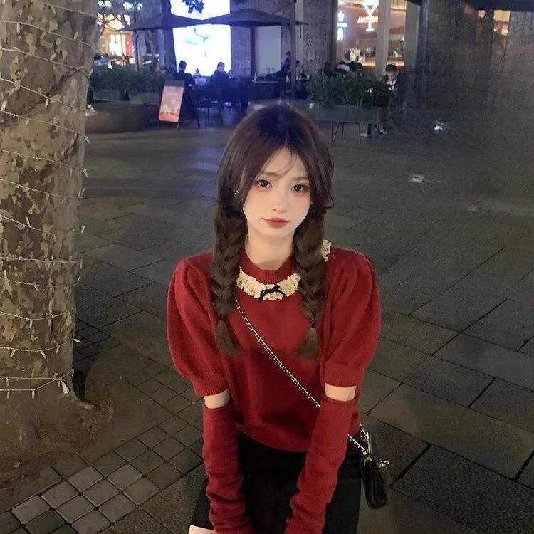 Detachable Sleeve Knitted Sweater Women Pullovers Oversize Spring Balloon Layered Romantic Fairycore Festival Cottagecore Wear