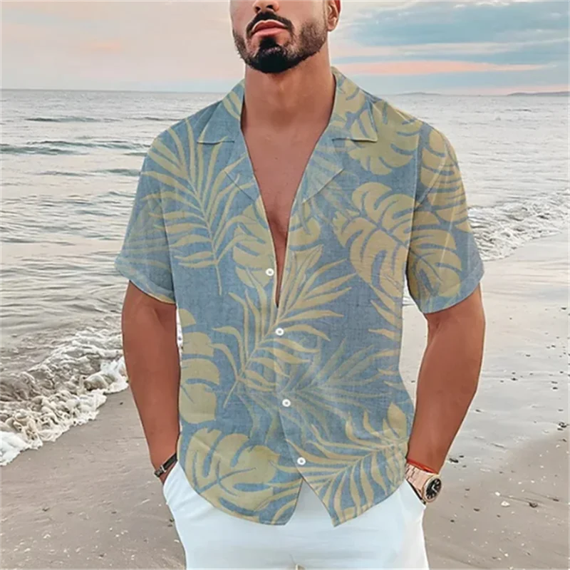 New Men's Hawaiian Shirt Flower Leaf Graphic 3D Print Light Yellow Short Sleeve Cardigan Clothes Tropical Beach 3DT Shirt XS-5XL