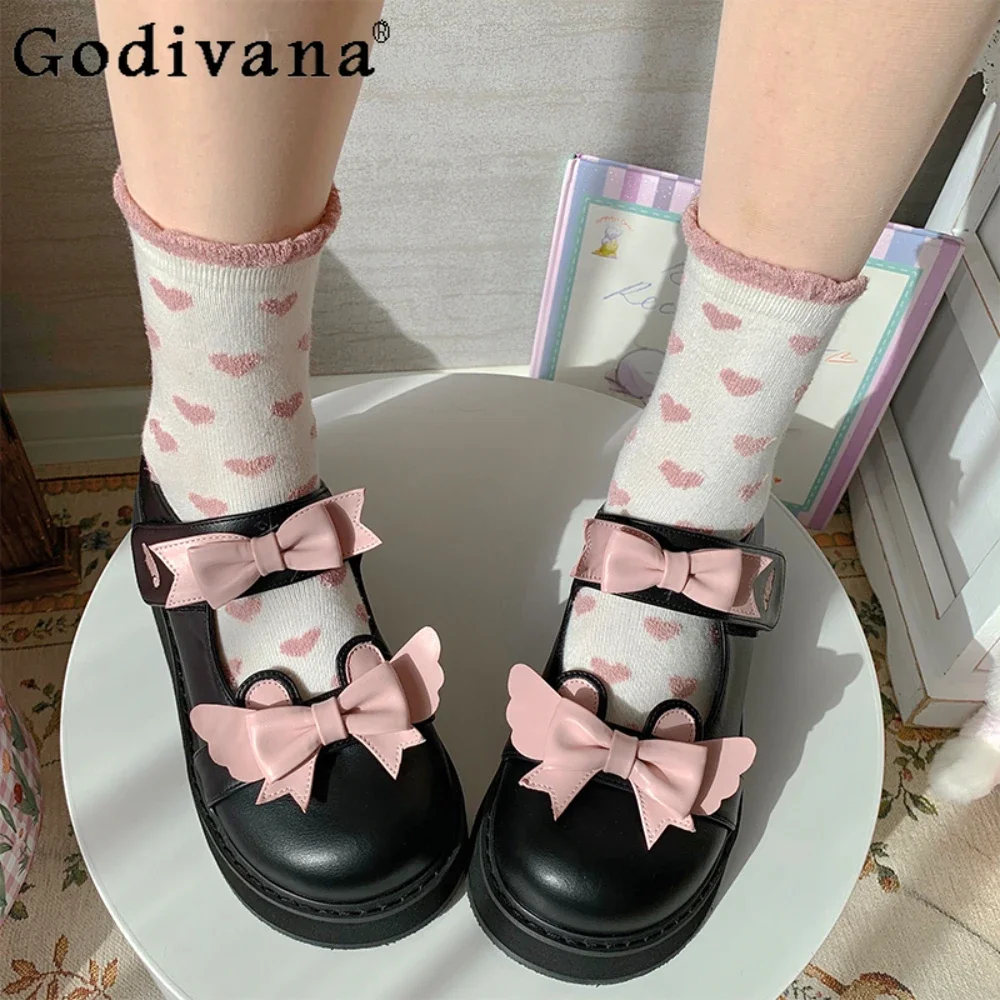 

Black Women Shoes Chunky Summer Bow Party Platform Pumps Japanese Round Head Kawaii Girls Single Shoe