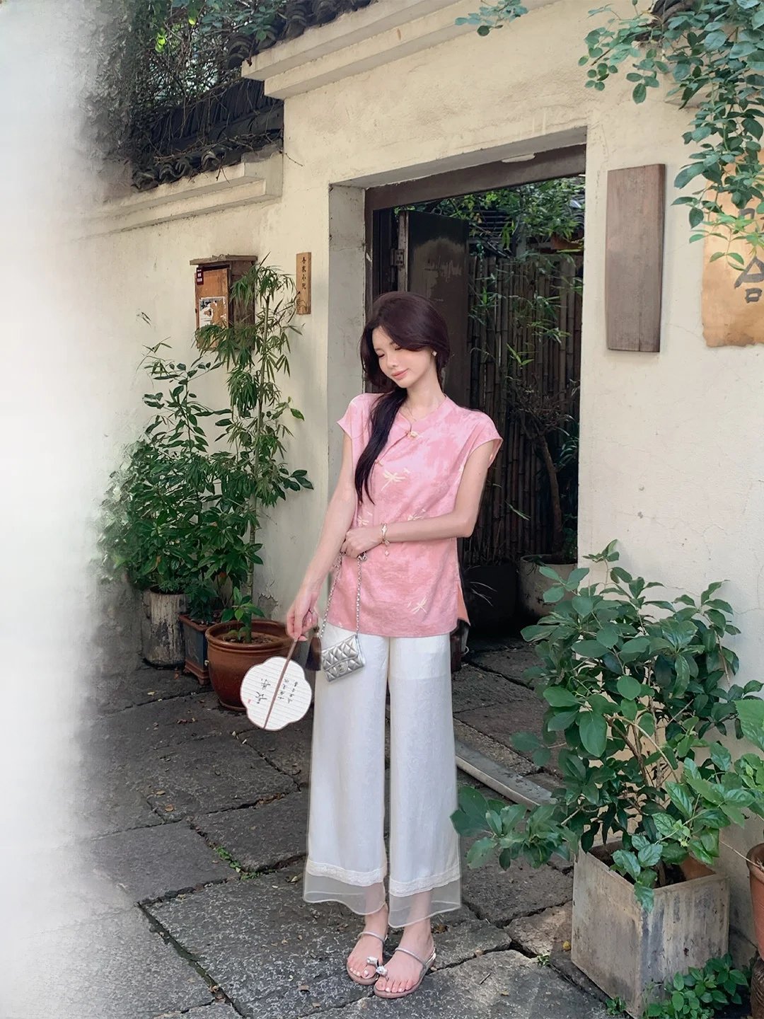 

Летние женские брюки прямого кроя с широкими штанинами, свободные, струящиеся, с вышивкой и пэчворком, повседневные, стройнящие, длинные брюки от HUANG ZUO ZUO