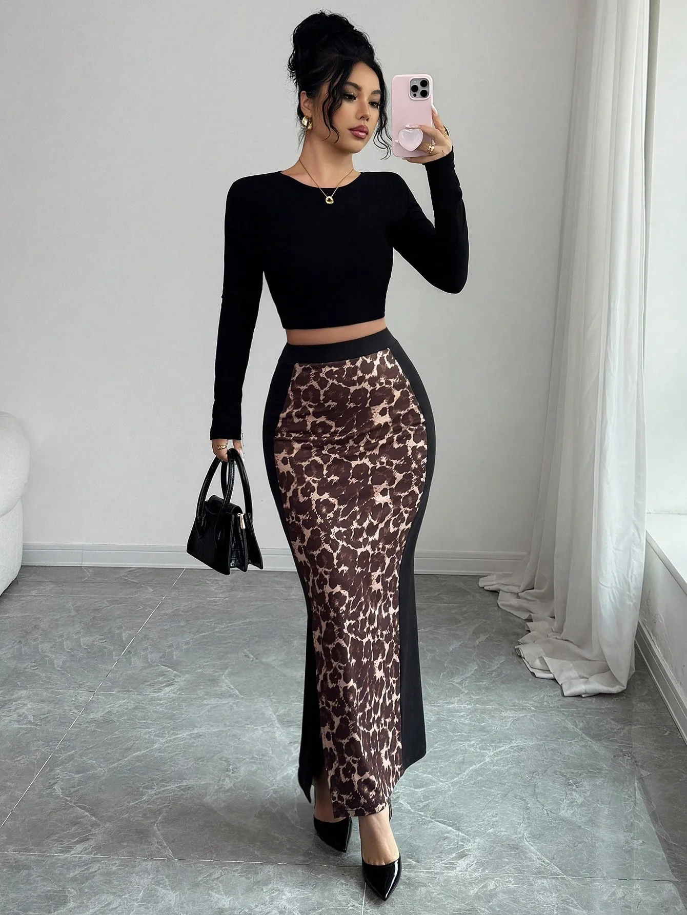 

Весенняя женская одежда: длинная юбка-карандаш с леопардовым принтом, высокой талией и разрезом, из полиэстера, элегантная, для вечеринок, макси-юбка.