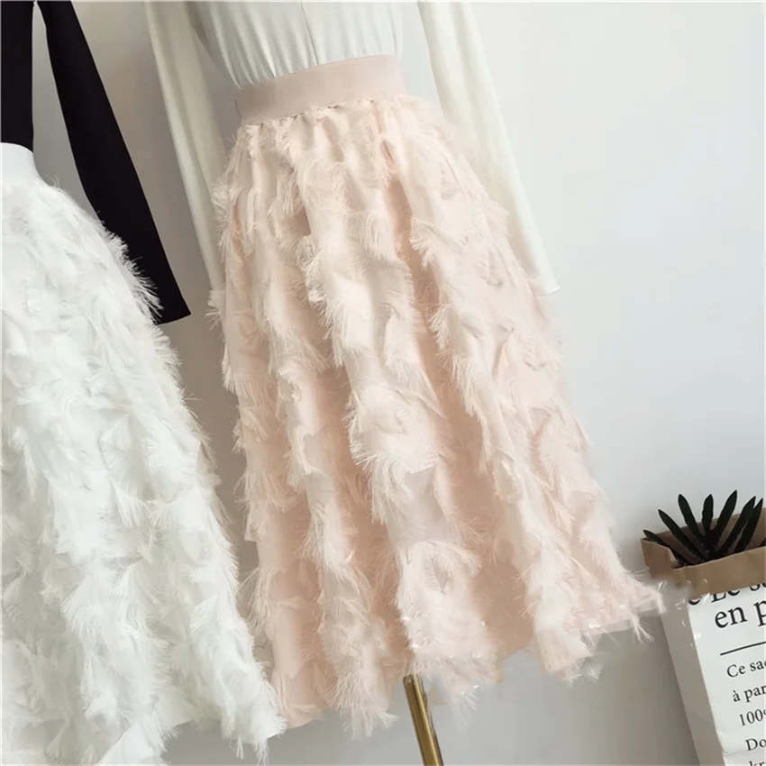 Gowyimme 2025 New Spring Summer Elegant Women High Waist Feather Skirt All-match Girl Midi-long A-line Solid  Skirts Fairy LX005