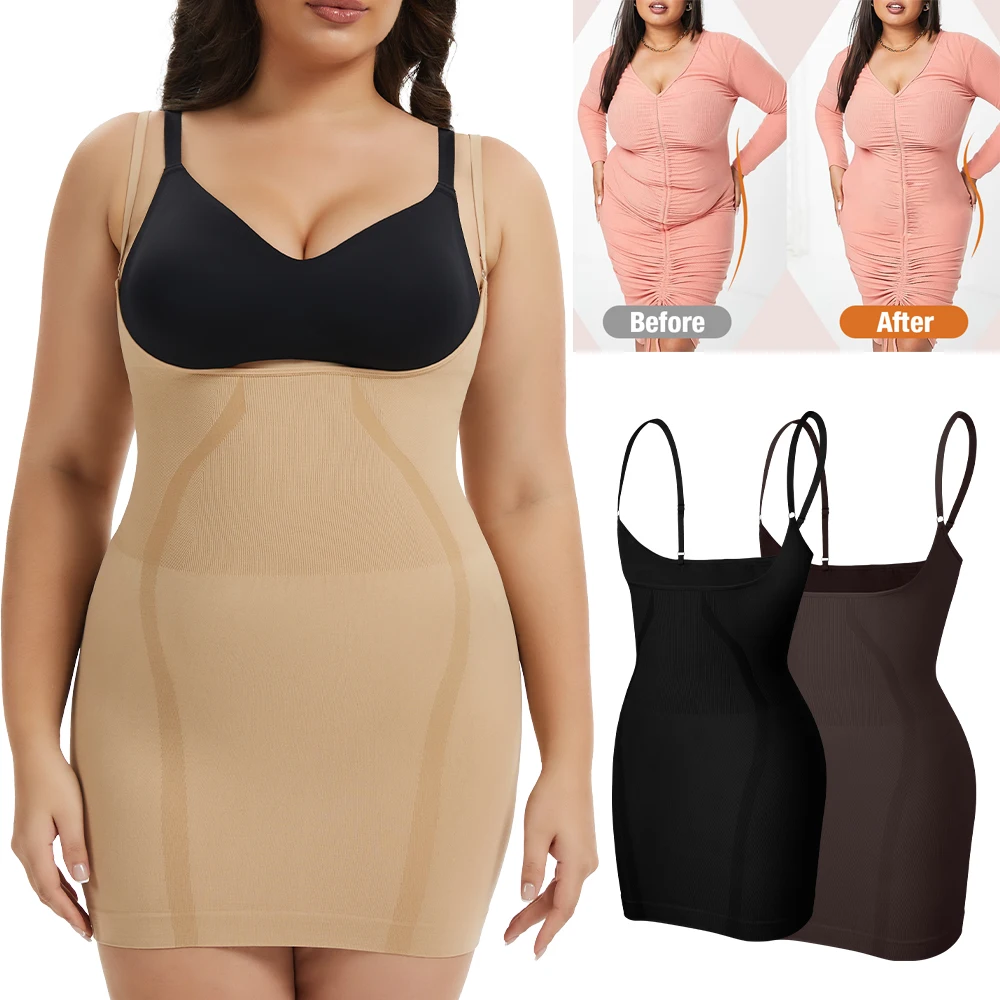 

Корректирующее белье с открытой грудью, платье-комбинация для женщин под платьем, боди с контролем живота, разглаживающее платье-комбинация больших размеров