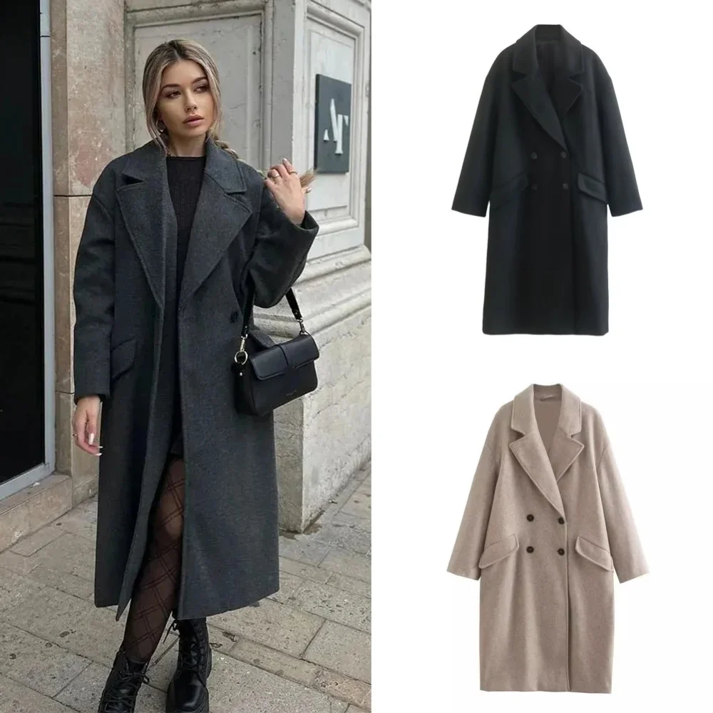 2024 Autumn and Winter New Women's Fashion and Casual Versatile Flip Collar Double Breasted Button Long Woolen Trench Coat