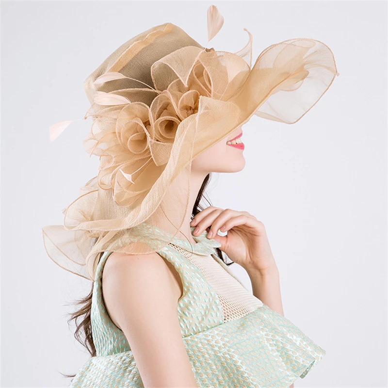 

Women Beach Organza Tea Party Sun Hat Fashion Big Flower Hats Elegant Ladies Church Kentucky Derby Wide Brim Fedoras