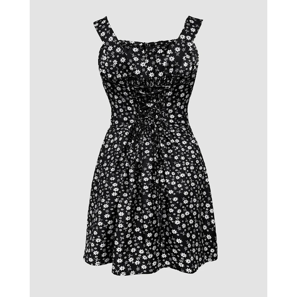 Women Thick Strap Floral Print Lace-up Short Jumpsuit Sleeveless Split Hem Casual Square Neck Shirred Back Romper Summer Outfits