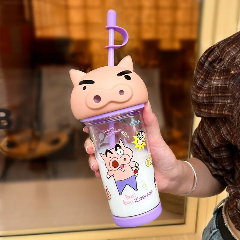 500-600ml Crayon Shin-chan Cute Big Head Cup Heat-resistant Anime Plastic Water Cup Student Large Capacity Portable Straw Cup