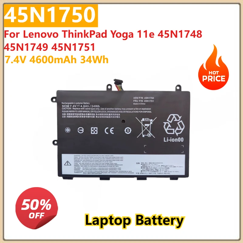 For Lenovo ThinkPad Yoga 11e 45N1748 45N1749 Replacement Laptop Battery 45N1750 45N1751 7.4V 4600mAh 34Wh