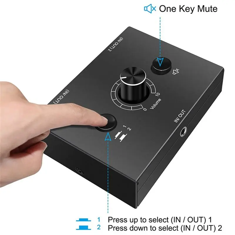 ABRI-5X 3.5Mm Audio Switcher, 2 Input 1 Output/1 Input 2 Output Audio Splitter Switcher, One-Key Mute Button