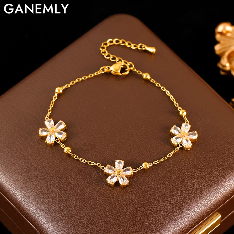 

GANEMLY 316L Stainless Steel Flower Daisy Zircon Bracelet For Women Fashion Wrist Chain Waterproof Jewelry Lady Birthday Gift