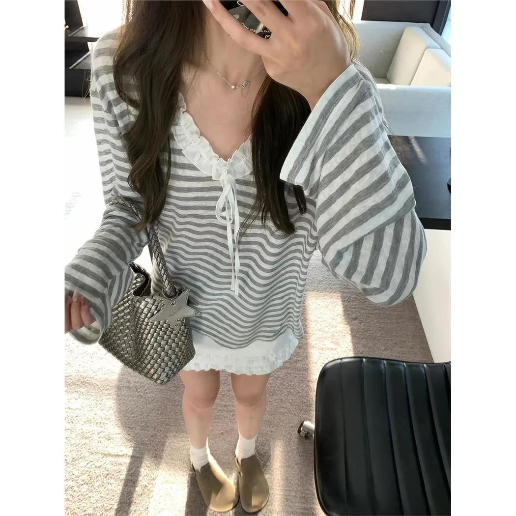 original-loose-sun-protection-shirt-long-sleeve-collar-striped-design-spring-summer-new-grey-white-customizable-clothing