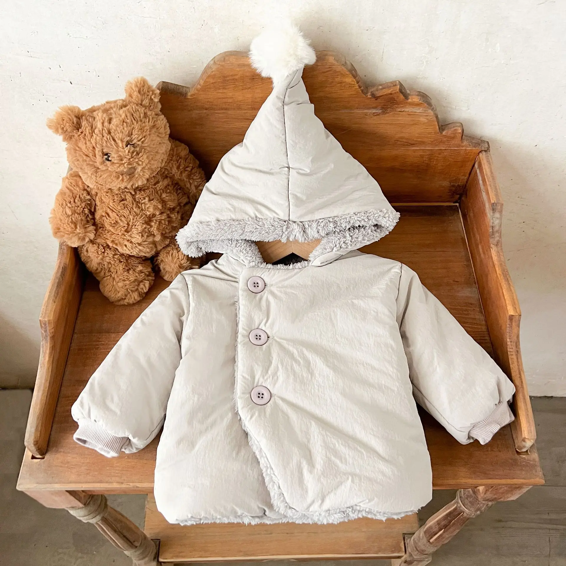 Winter New Solid Color Plush Warm Baby Jacket Cute Round Ball Hooded Long Sleeved Baby Coat Toddler Jacket