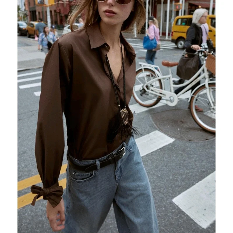 Damska bluzka jesienna, luźna, długa, z węzłem, ozdobna, antung irt, codzienna, wygodna, oddychająca, bawełniana...