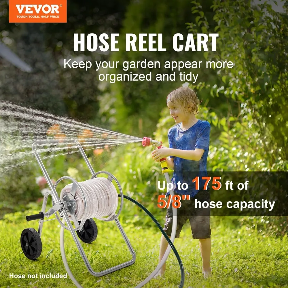 VEVOR Hose Reel Cart Heavy Duty Powder-Coated Steel Mobile Tools with Wheels Holds 175 ft of 5/8 Inch Hose (Hose Not Included)