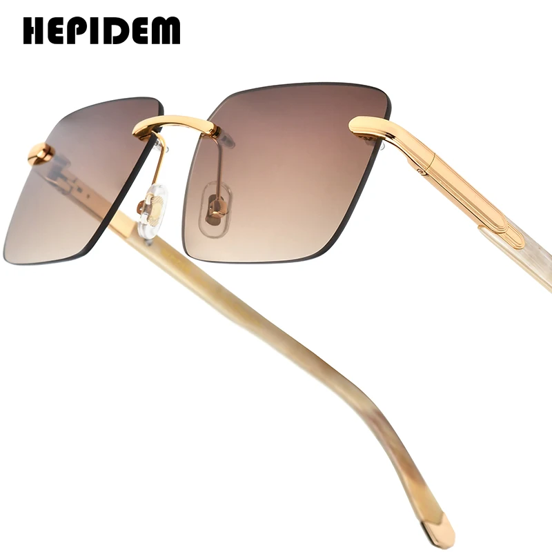 HEPIDEM Buffalo Horn Sunglasses Men Luxury Brand Design Rimless Sun Glasses Diamond Famous Eyewear Buffs Frameless Eyeglasses