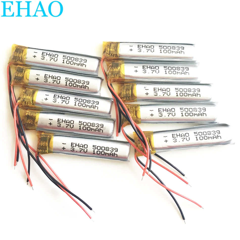 10 szt. Akumulator litowo-polimerowy LiPo 3,7 V 100 mAh 500839 Do zestawu słuchawkowego Bluetooth Mp3 PAD DVD E-book