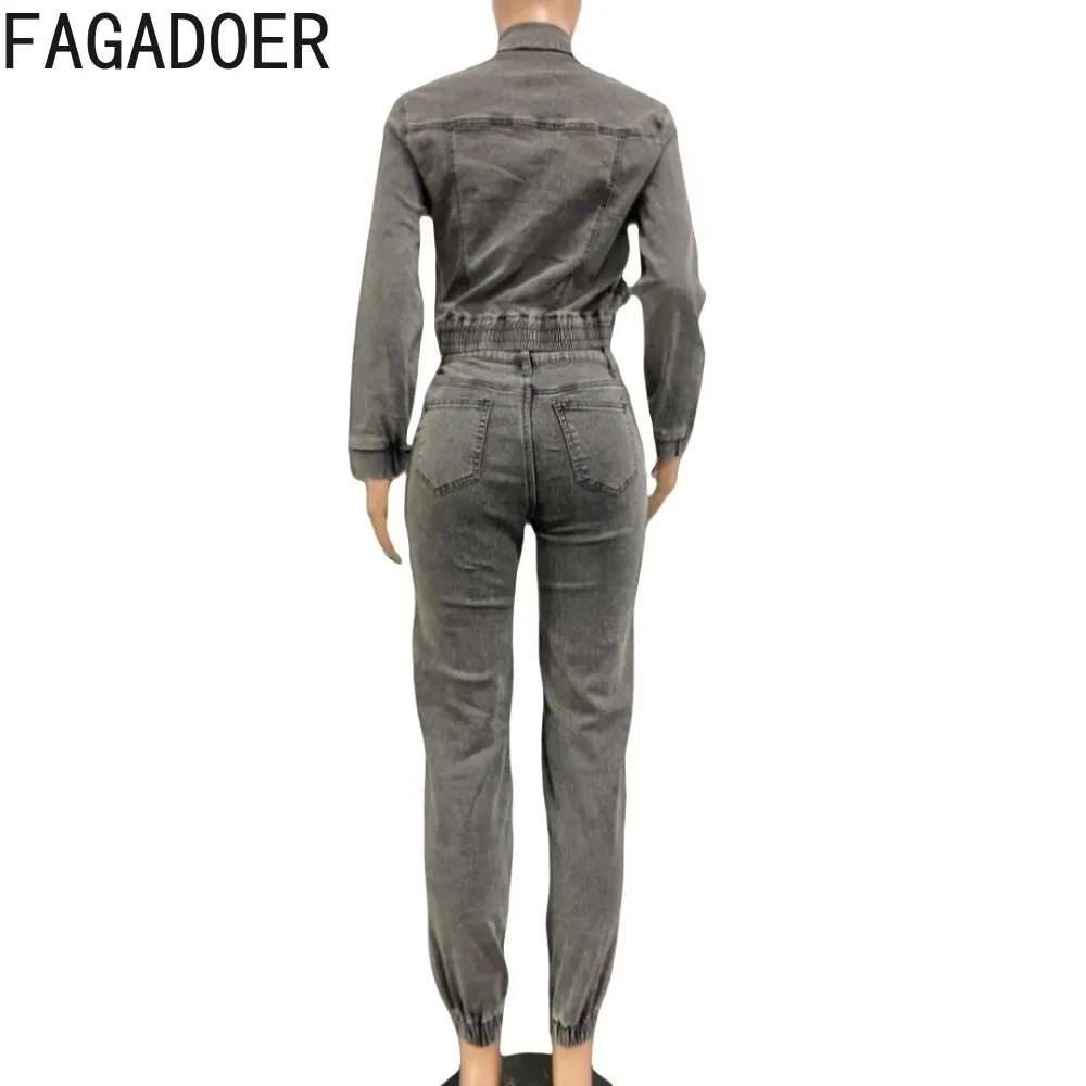 FAGADOER Fashion Denim Two Piece Set for Women Y2k Streetwear Lapel Zip Crop Jacket And Cargo Pockets Stretchy Jeans Outfits