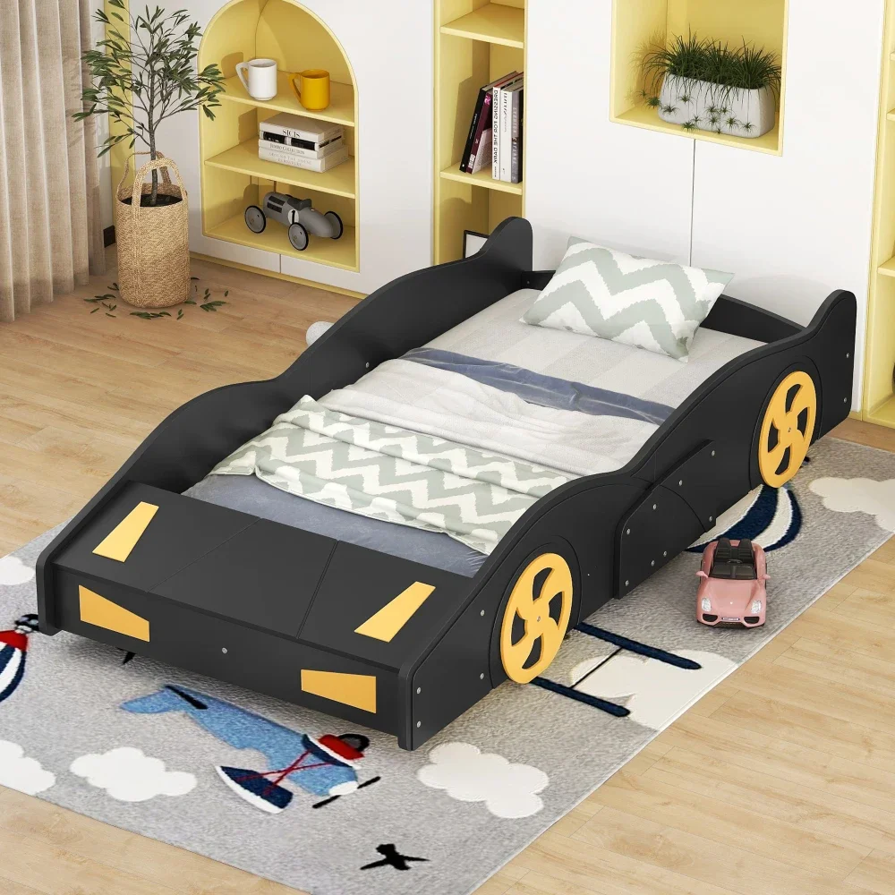 

Children Beds Bed for Boys Twin Size Race Car-Shaped Platform Bed with Wheels and Storage, Bunk Beds for Kids Black+Yellow US