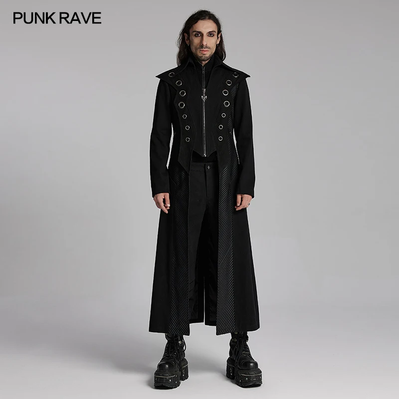 PUNK RAVE Men's Punk Visual Twill 3D Mesh Long Jacket Avant-garde Feel Structural Segmentation Design Black Men Clothing