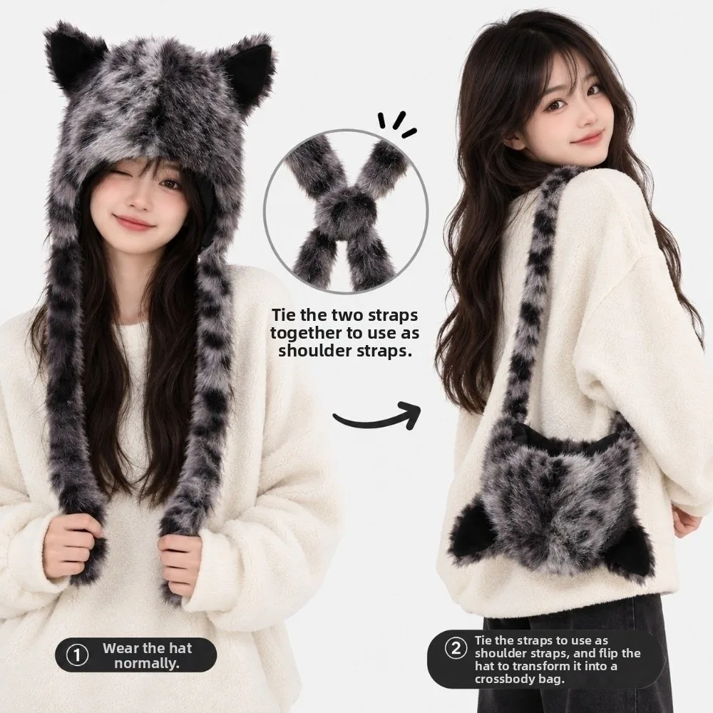 Long Braids Earflap Hat Animal Ears Thick Plush Faux Fur Cap Soft Texture Cozy Lining Leopard Print Beanie Outdoor