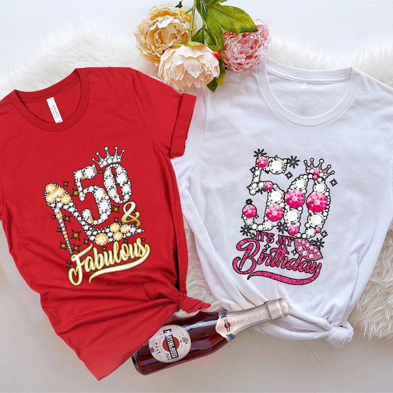 Women T Shirt 50th Year Fabulous Birthday Party Tees Fashion Shiny Crown Graphic Y2k Tops Short Sleeve Tees Aesthetic Clothing