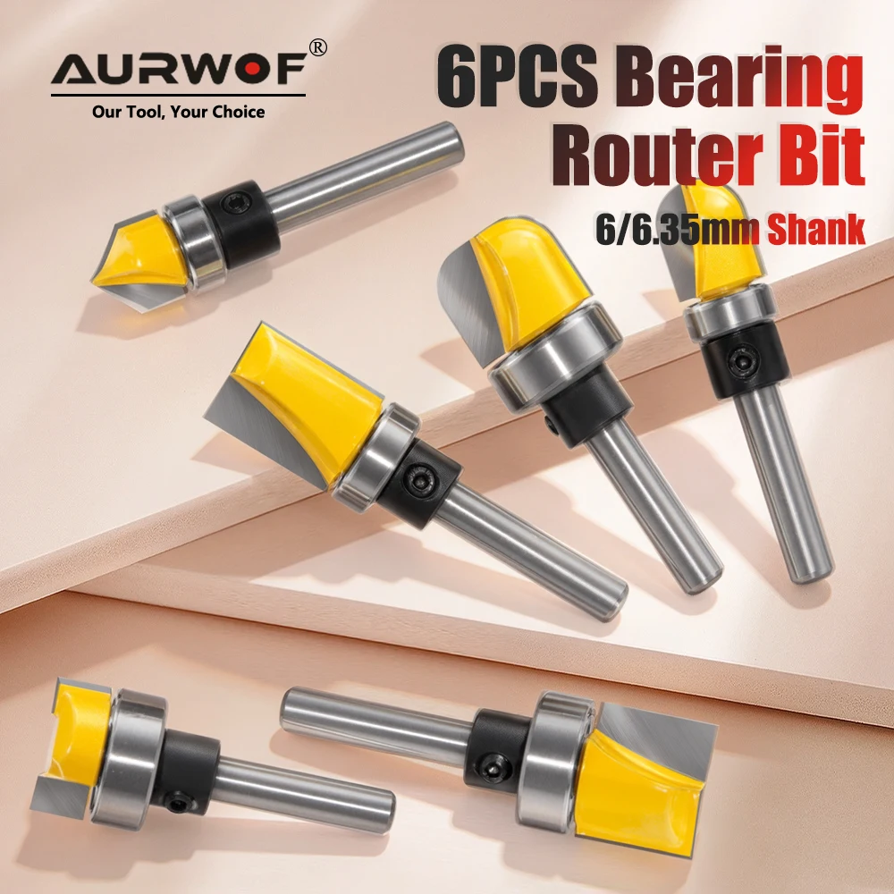AURWOF 6PCS 6.35mm & 6mm Shank Router Bit Set,Bearing Guided Pattern Flush Trim V-Groove Slotting Milling Cutter For Woodworking